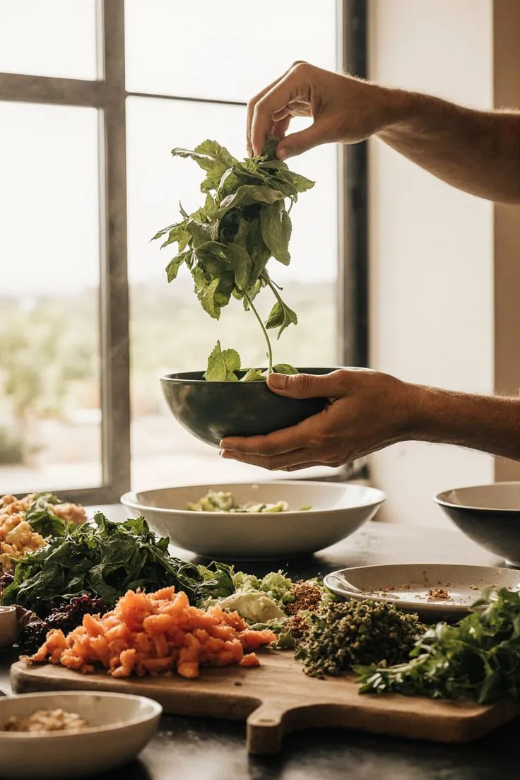 Sumando hierbas frescas a un bowl en la cocina